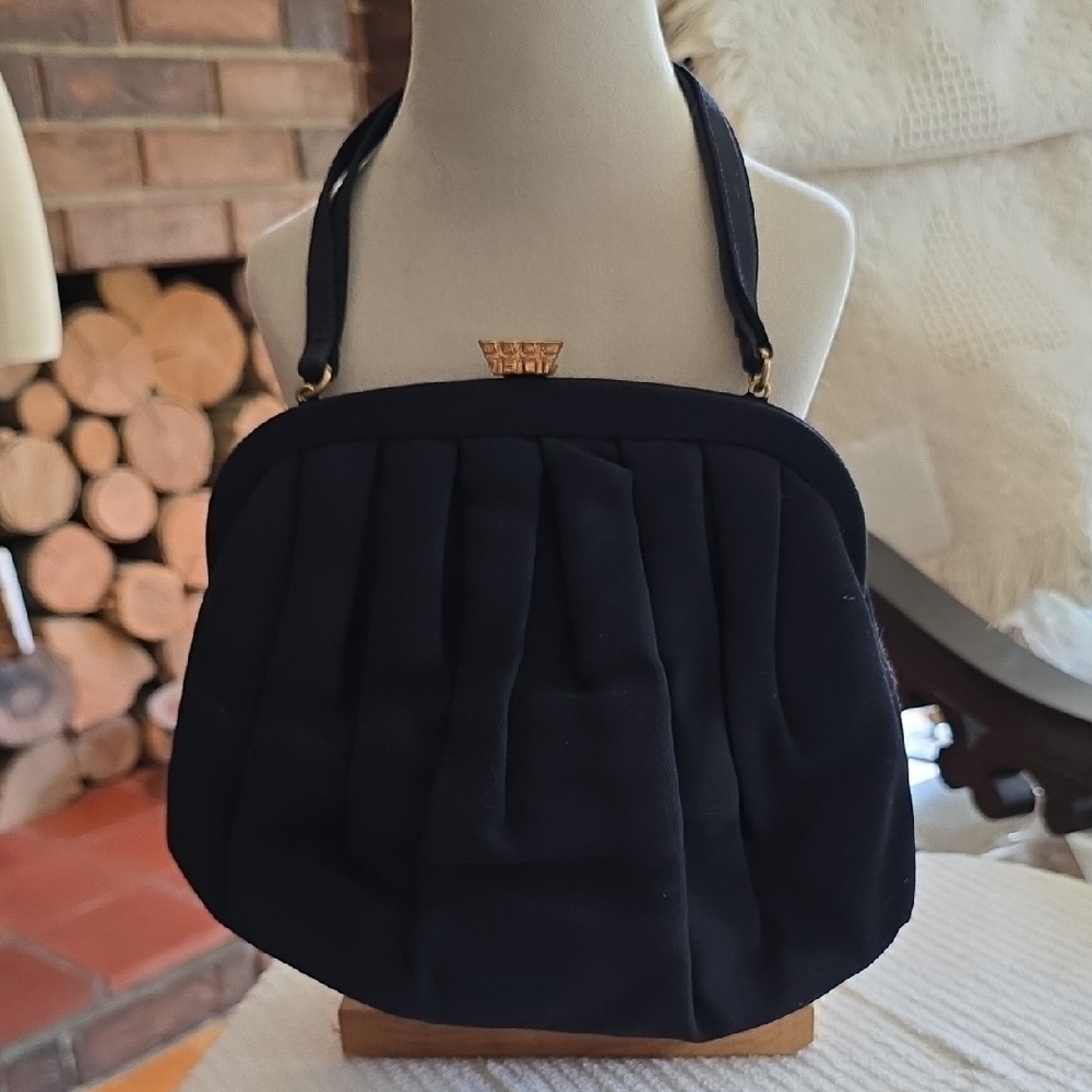 Birks - Navy Pleated Evening Handbag with Gold Hardware​​